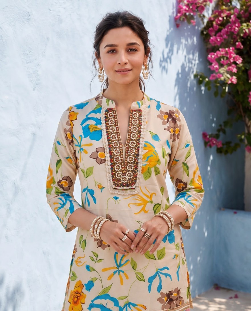 CREAM - Cream Poly Cotton Print Work Casual Kurti for Festival